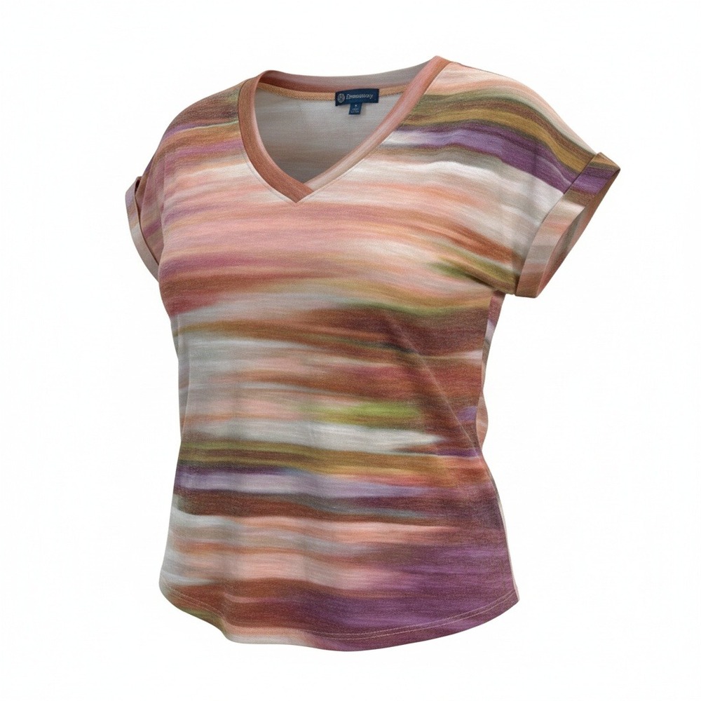 Democracy Womens Small Watercolor Stripe V Neck Short Sleeve Slub Knit Top Tee